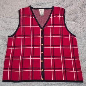 Vintage Liz Baker Vest Womens L Red Oxford Button‎ Up Preppy Casual Comfort